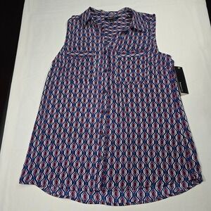 Relativity Geometric Sleeveless Button Front Blouse Red White Blue Women's‎ S